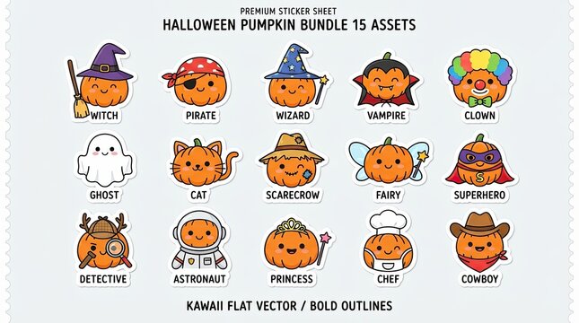 Cute Halloween Pumpkin Sticker Set with Fifteen Different Character Costumes