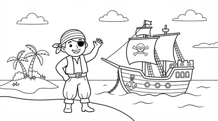Naklejka premium Little pirate boy waving on a tropical island with a ship in the sea