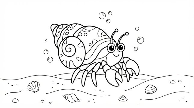 Cute hermit crab cartoon character for kids coloring page