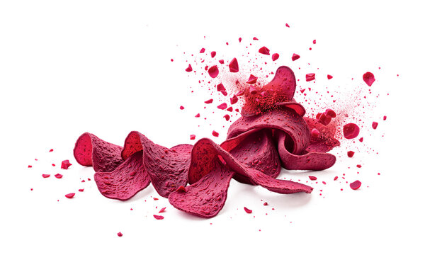 Beetroot chips splash with flying particles and dust isolated on a transparent background for food concept