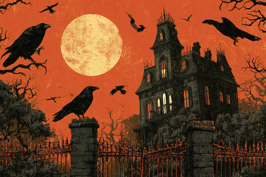 Haunted mansion with glowing windows under full moon surrounded by flying crows and spooky trees in dark eerie night