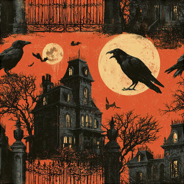 Retro spooky night pattern featuring haunted mansion with crows flying under full moon