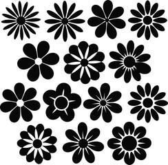 Fototapeta premium Daisy flowers black silhouette vector icon set with minimalist floral shapes for retro graphic design