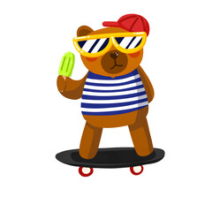 Cute cartoon bear riding skateboard eating popsicle wearing striped shirt, cap, and sunglasses summer illustration  © Enggar