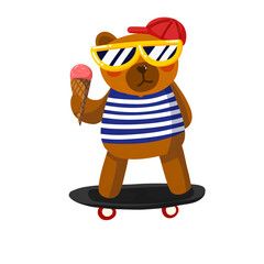 Cute cartoon bear riding skateboard eating ice cream wearing striped shirt, cap, and sunglasses summer illustration 