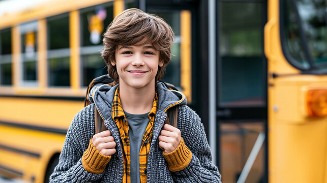 A portrait of a happy teenager boy wearing a sweater, carrying a backpack and standing next to a school bus at the first school day 