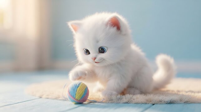 Fluffy white kitten playing with colorful ball, adorable pet on pastel rug, cute baby cat, playful feline, indoor lifestyle