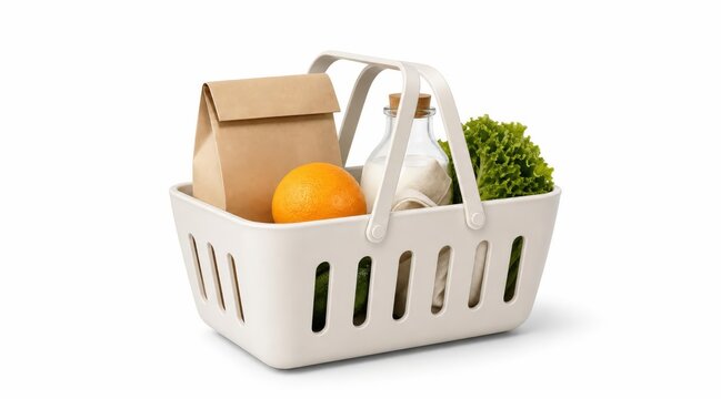 Porcelain shopping basket with groceries on white background