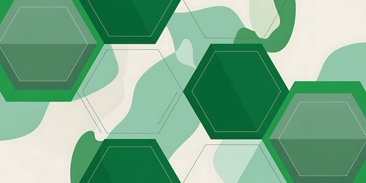 Abstract green hexagon pattern background, geometric honeycomb shapes on organic fluid backdrop, modern graphic design for web banners