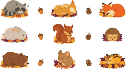 Obraz premium Cute Sleeping Autumn Woodland Animal Vector Clipart Set Featuring Whimsical Hibernating Forest Creatures on Fall Leaves for Seasonal Greeting Card Designs