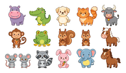Fototapeta premium Cute Cartoon Baby Animal Icon Set with Funny Zoo and Forest Creatures for Children Book Nursery and Toy Brand Graphic Designs
