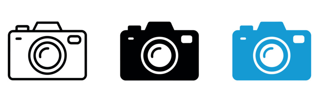 Camera icon set. Photography symbol. Vector pictogram for digital photo capture, lens, image gallery, media creation, snapshot and interface design.