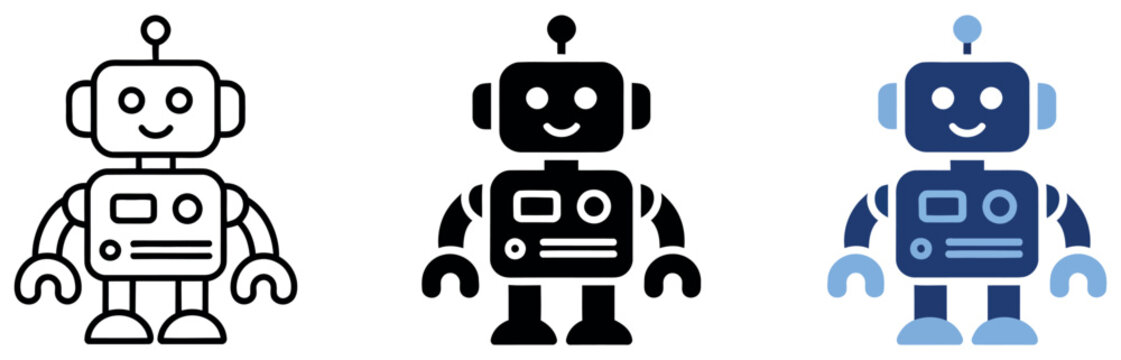 Robot icon set. Artificial intelligence symbol. Vector pictogram for chatbot, automation, machine learning, technology innovation, future robotics and website interface design.