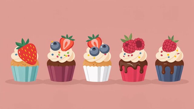 Set of delicious cupcakes with fresh berries and frosting on a soft pink background