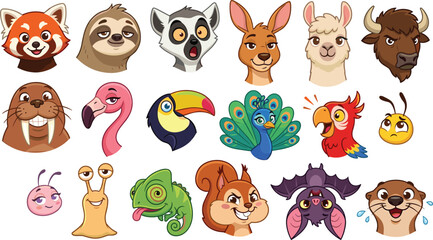 Naklejka premium Cute Cartoon Animal Avatars Vector Set Featuring Red Panda, Sloth, Lemur, Toucan, Peacock, Bat, and Chameleon Faces for Kids Graphic Designs