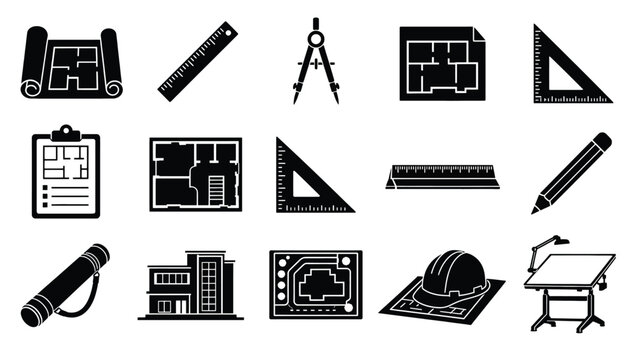 Set of architecture and engineering icons, construction planning tools
