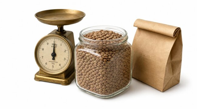Glass jar of brown lentils with kitchen scale and paper bag