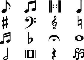 Fototapeta premium Black Music Symbols and Musical Notes Icon Set Isolated on White Background Vector Collection