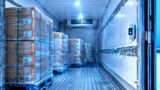 Stacked pallets inside refrigerated cold storage warehouse