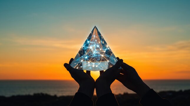 Hands holding glowing crystal pyramid with digital network connection against sunset sky background, symbolizing future technology and innovation power