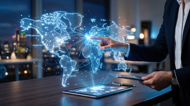 Businessman interacting with holographic world map, global connectivity and network technology, digital transformation, international communication, data visualization