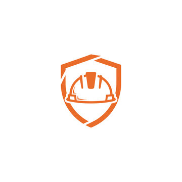 Construction helmet icon inside an orange shield frame