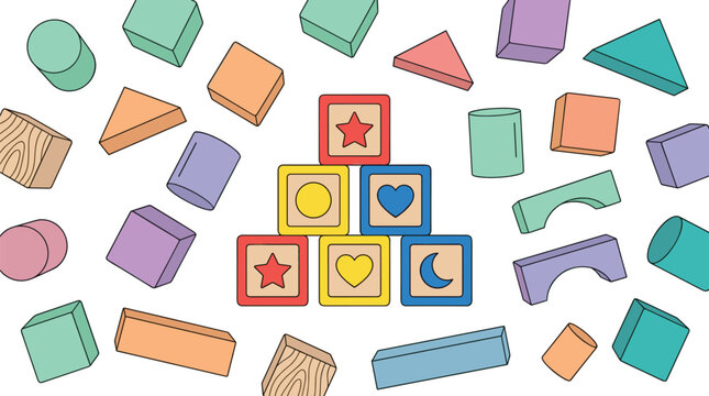Colorful Wooden Toy Blocks and Geometric Shapes Set Vector Illustration for Kids Education Children Learning Apps and Kindergarten Play Designs