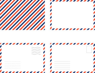Fototapeta premium Red and blue striped pattern with blank postcard templates on a white background