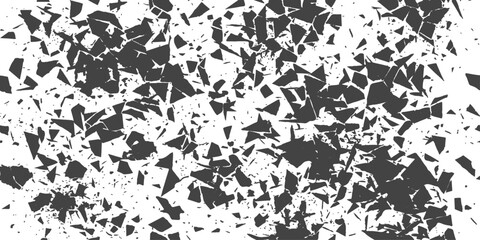 Fototapeta premium Fragmented Chaos: A stark monochromatic composition of shattered shards and sharp geometric fragments scattered across a clean white canvas.