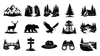 Fototapeta premium Set of nature and camping icons, including mountains, forest, waterfall, wildlife, tent, and hiking gear