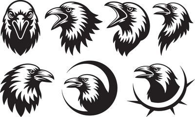 Naklejka premium Raven and crow head collection featuring dark birds for gothic symbolism and wildlife branding.
