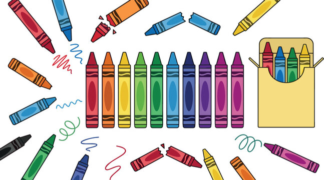 Colorful Wax Crayon Set with Rainbow Colors Open Box Broken Pieces and Doodles Vector Illustration for Kids Art School Education and Creativity Designs