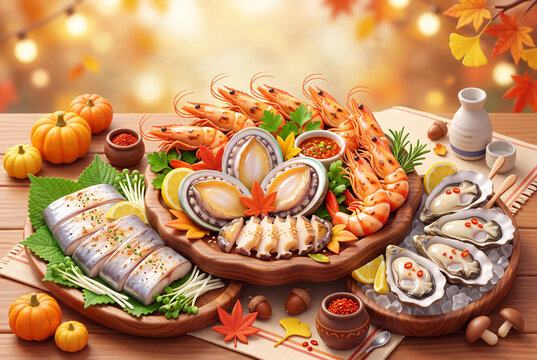 푸짐하게 차려진 전복, 구운 대하, 생굴, 삼치구이 등 가을 제철 해산물 요리 3D 일러스트