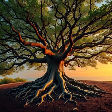 A sprawling tree with thick, gnarled roots digging into the earth, illustration, drawing