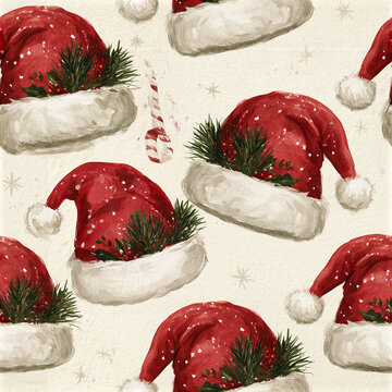 Christmas hat pattern with red Santa hats decorated with pine branches and berries, festive holiday seamless design