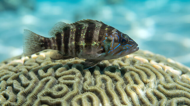 Striped reef fish swimming above brain coral structure underwater