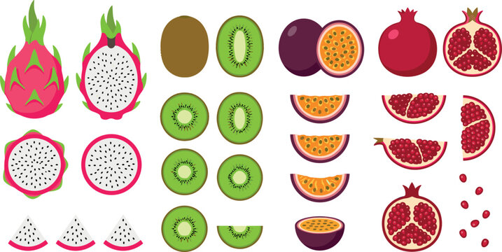 Tropical Exotic Fruits Collection Featuring Whole and Sliced Dragon Fruit, Kiwi, Passion Fruit, and Pomegranate Flat Vector Illustration Set