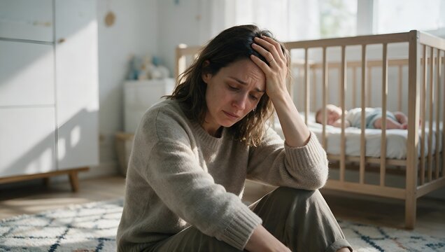 Exhausted Mother Struggling with Postpartum Depression Sitting on Nursery Floor Near Sleeping Baby