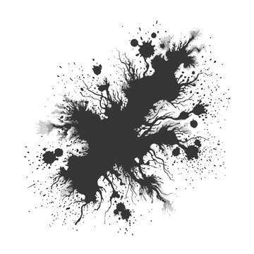 Complex black ink blot with intricate capillary splatters and fine spray details for art