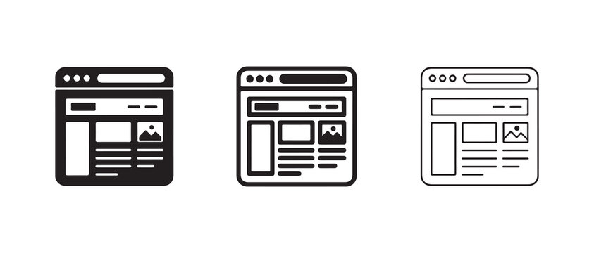  website wireframe illustrations showing different browser window designs with content layouts