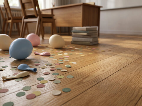 Sunlit classroom floor with scattered confetti and balloons after festive teacher appreciation party in school setting.