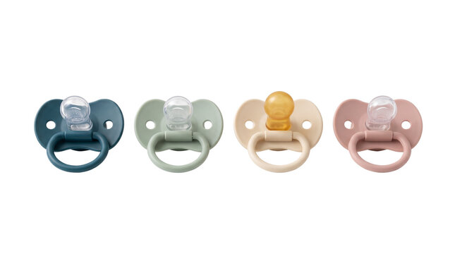 Colorful baby pacifiers, a collection of four silicone dummies in pastel shades, essential infant care items for newborns isolated PNG with Transparent Background