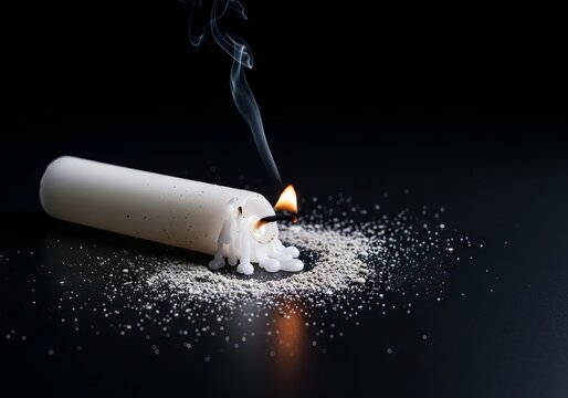 A single extinguished white candle rests on a dark surface, surrounded by grey ash and wisps of lingering smoke in a dim, cold setting, silence, mood, extinguished