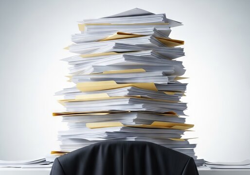 Towering stacks of white paper and folders bury a desk where a dark business jacket is visible, representing an immense volume of work, records, industry, busy