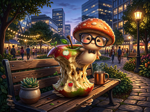 Whimsical mushroom character wearing glasses and bowtie emerging from bitten apple core on city park bench at twilight.