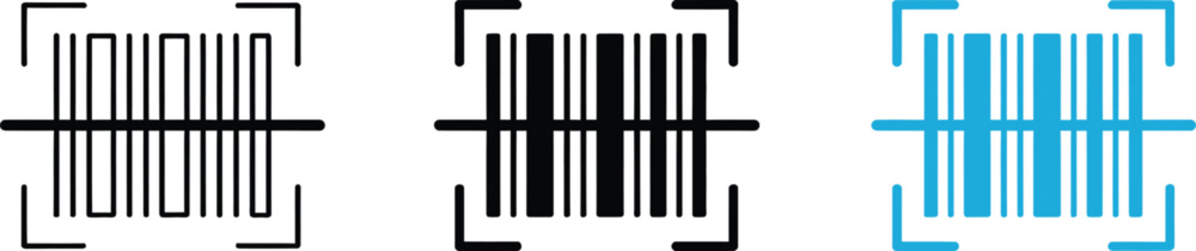 Barcode scanner icon set with laser scanning line in outline, filled, and blue variations