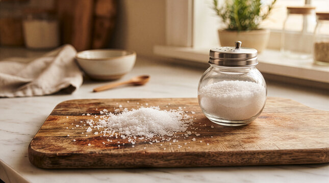 Coarse Sea Salt Flakes Spilled on Wooden Board with Salt Shaker