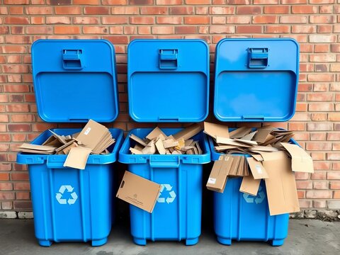 Blue recycling bins filled with cardboard waste against a brick wall background, space, waste