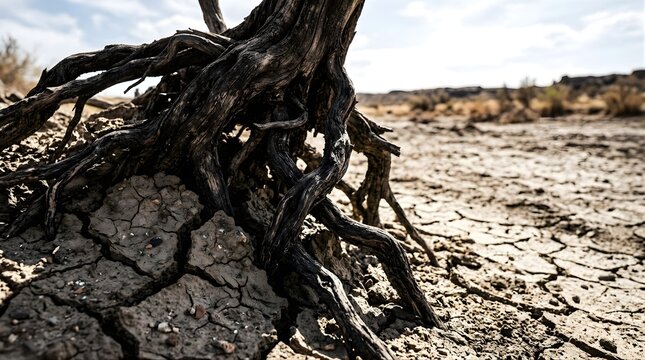 Dried tree roots in cracked parched desert soil under bright sunlight