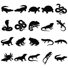 Obraz premium Reptile and amphibian silhouettes set including snakes lizards turtles frogs and crocodiles
